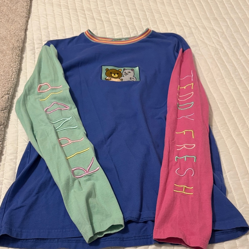 Teddy Fresh X Rip N Dip Blue Long Sleeve Shirt with Pink and Green Sleeves
